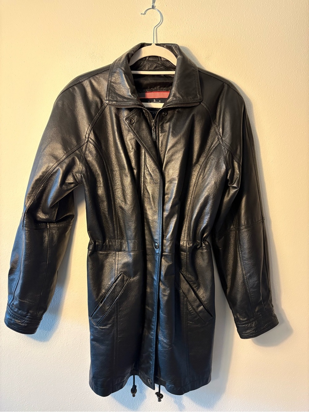 Vintage USA Leather Black Mid Length Cinched Drawstring Leather Coat Medium